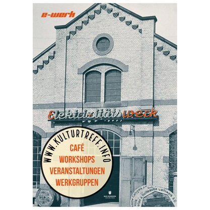 Hausansicht alt mit Infografik | © e-werk Bad Homburg Hausansicht e-werk nach 1945 mit Infografik | © e-werk Bad Homburg