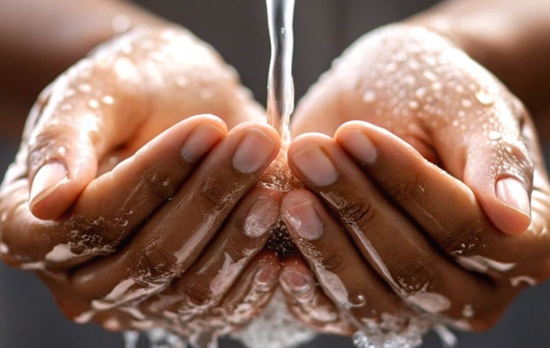 Das Bild zeigt eine Nahaufnahme von Händen, die unter fließendem Wasser stehen. | © Canva