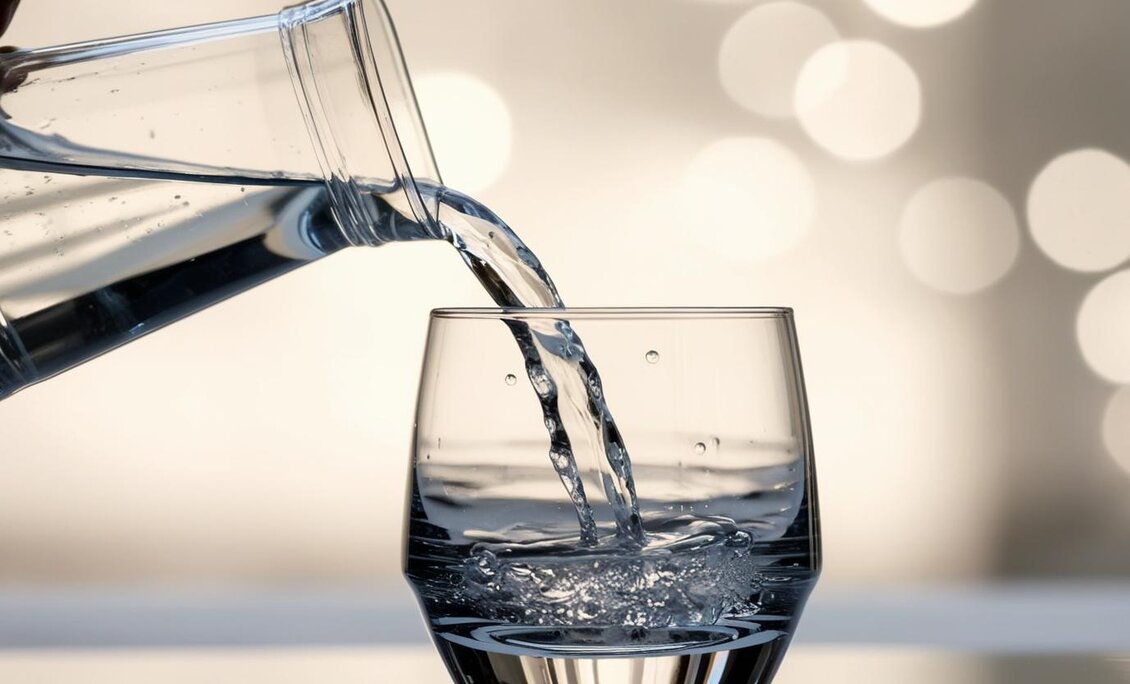 Wasser wird aus einem Glaskrug in ein Glas gegossen | © Canva KI