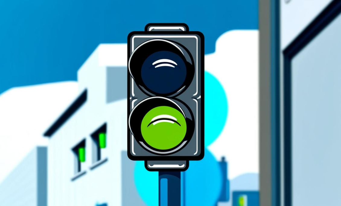 Eine Illustration zeigt eine zweistufige Ampel, bei der das untere, grüne Licht leuchtet. | © Canva KI