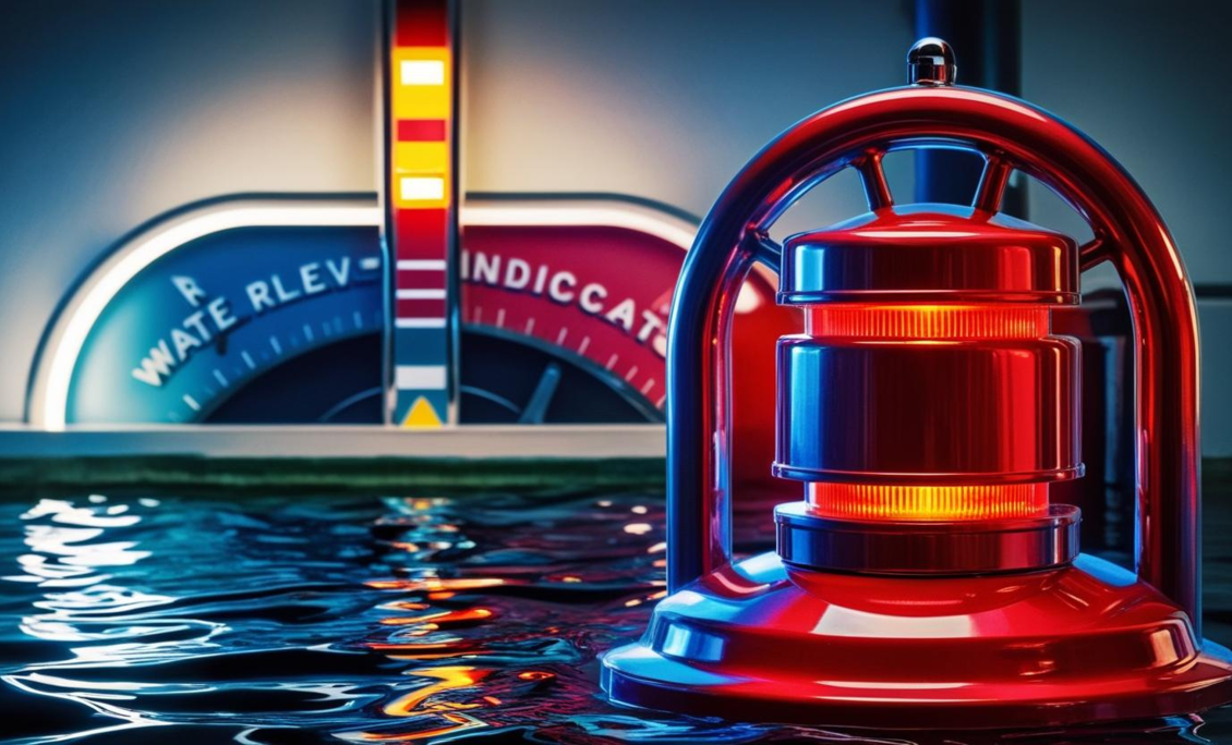 Eine rote, leuchtende Lampe schwimmt in dunklem Wasser, welches einen Wassernotstand deuten soll.  | © Canva KI